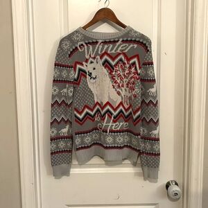 Game of Thrones Fair Isle Knitted Sweater Wolf Gray White Red Blue Cotton Medium